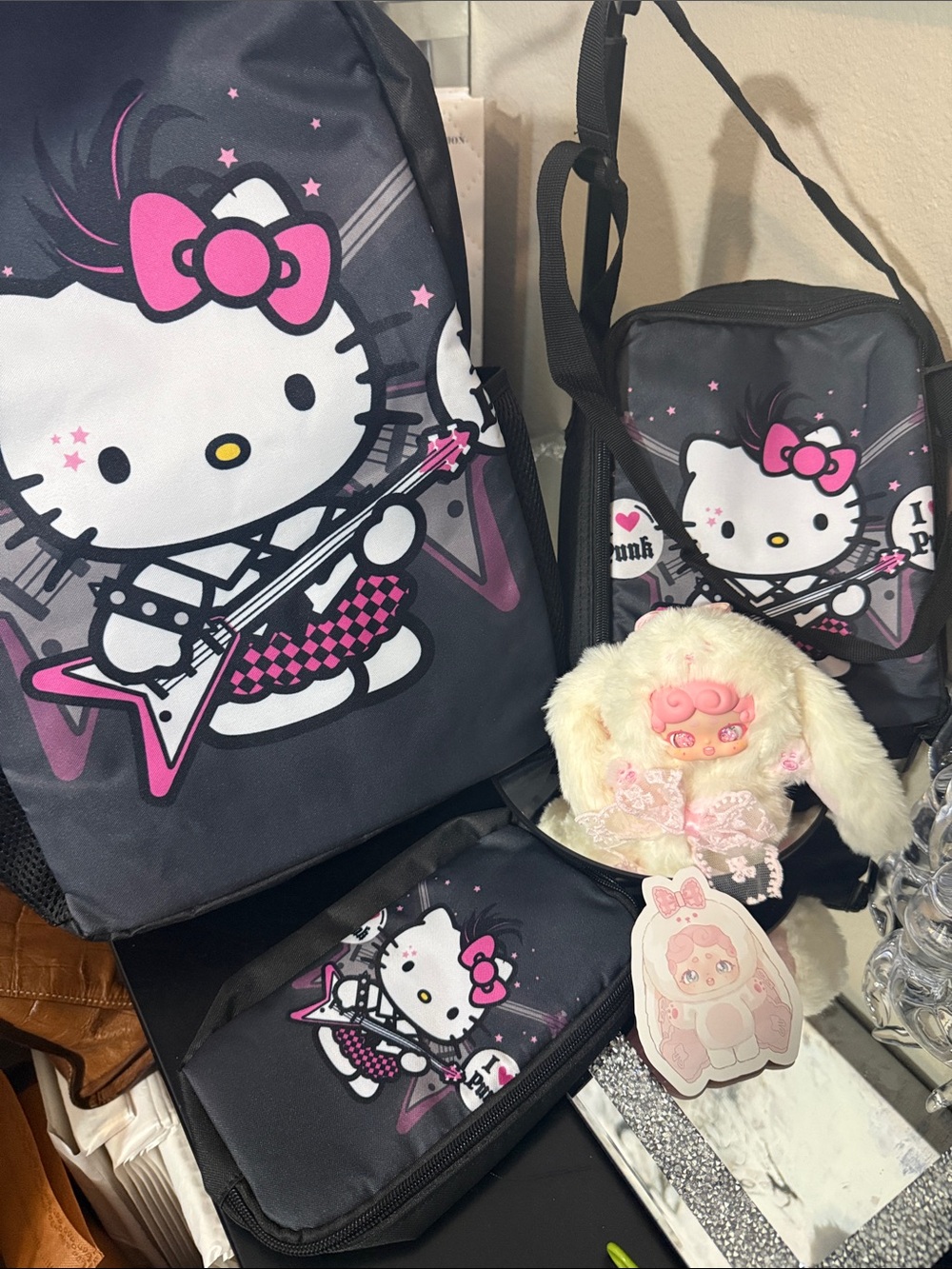 Hello Kitty Black and Pink Kids Backpack w/ Matching Lunch &Pencil Bag